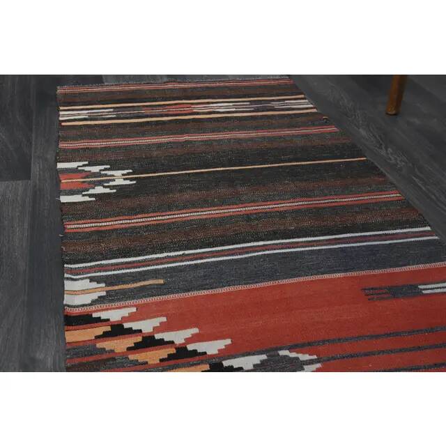 Tapis de couloir vintage turc Oushak fait main en laine et coton marron