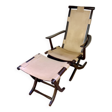 Colonial style leather armchair and ottoman