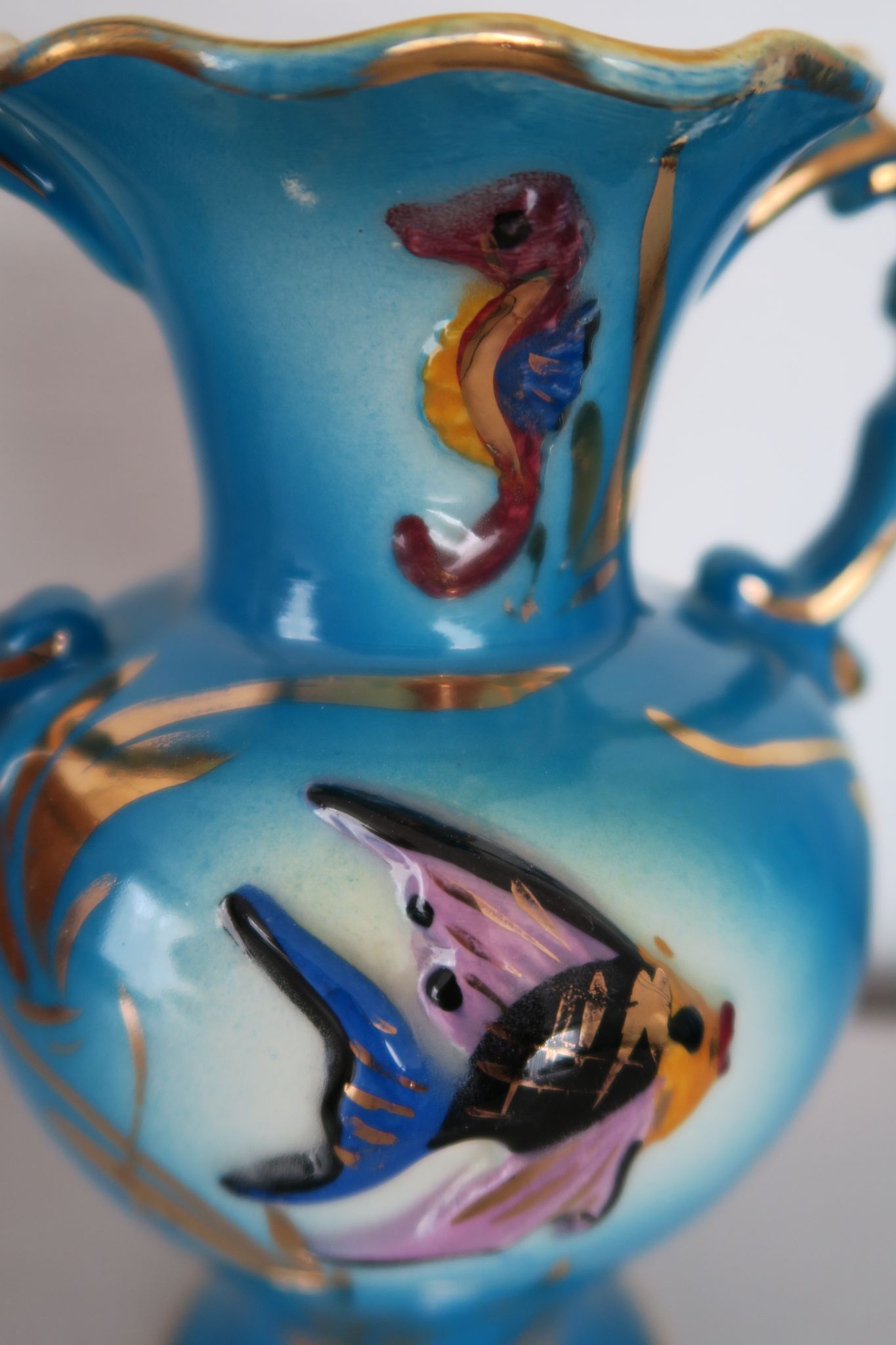 Vase ceroc monaco vintage 1960 blue and gold seahorse fish