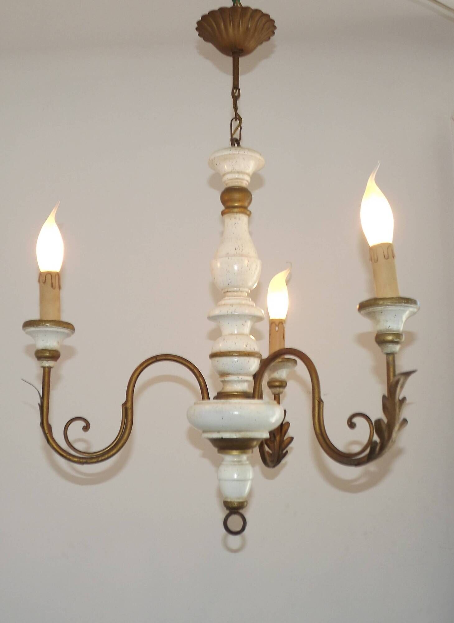Vintage French 3-Light Chandelier White Wood & Bronzed Effect Metal