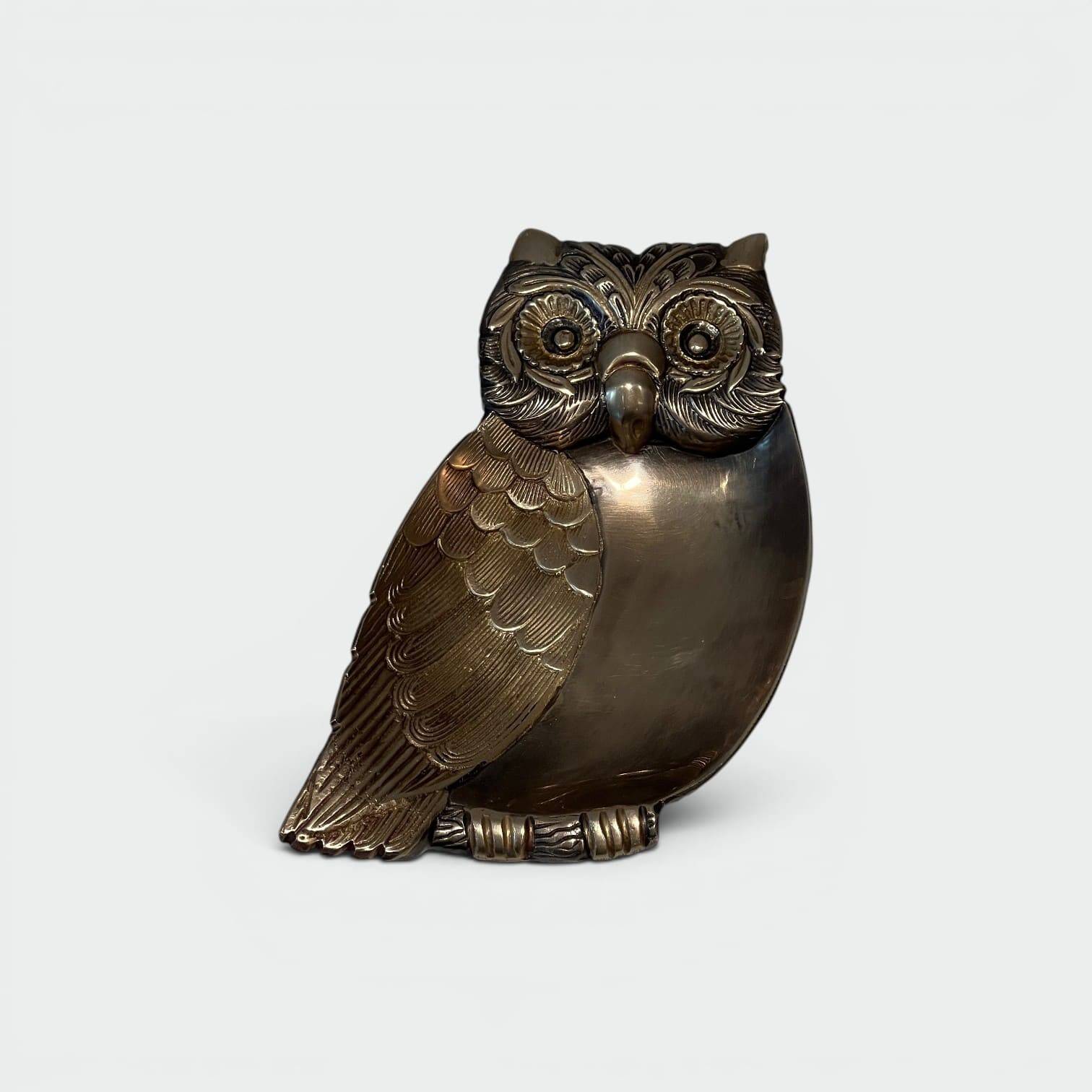 Brass Owl Catchall with Chiseled Feather Decoration. Italian Work in the