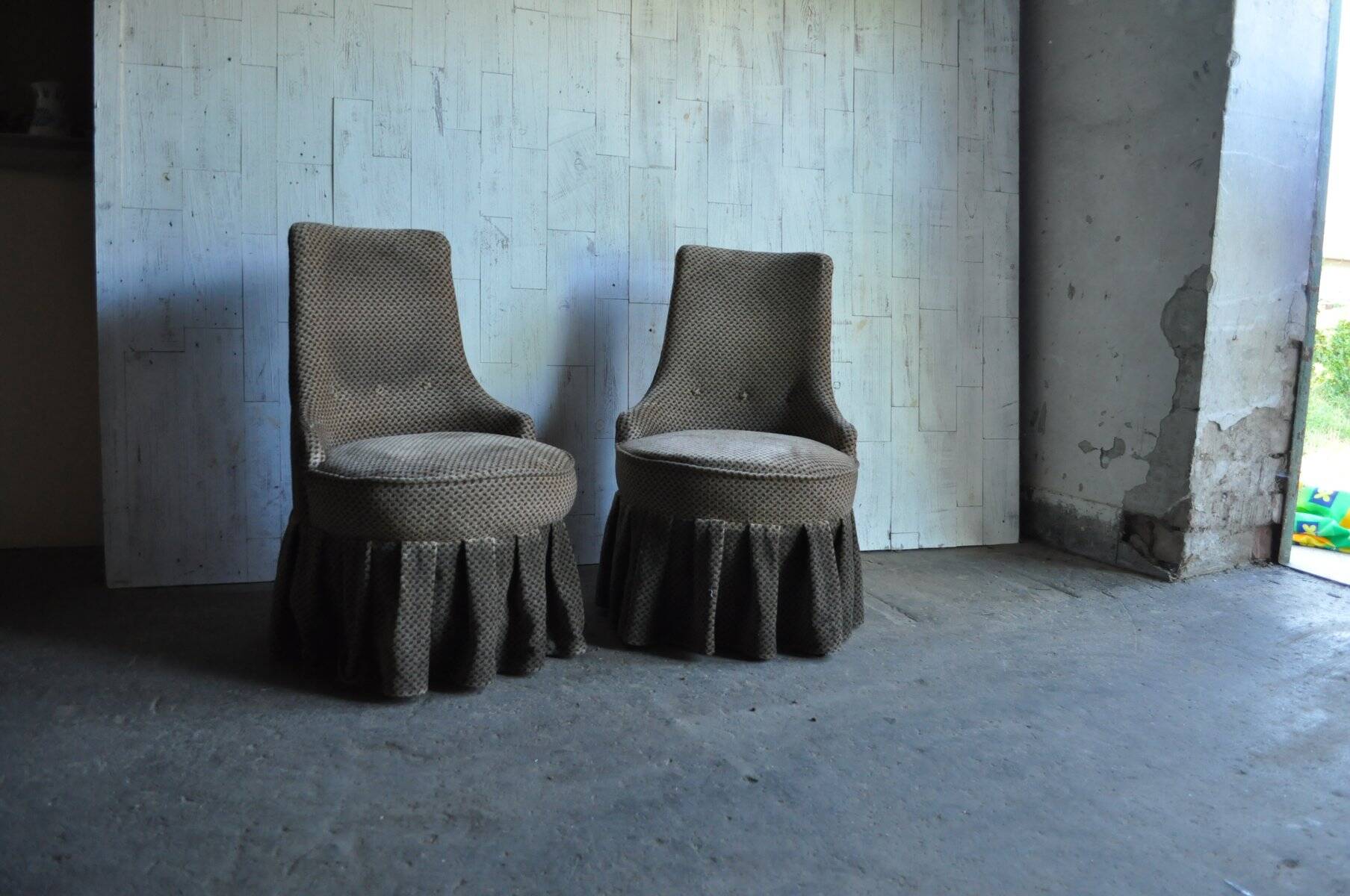 Mid-Century brown fabric armchair with skirt, wooden frame — 1950s