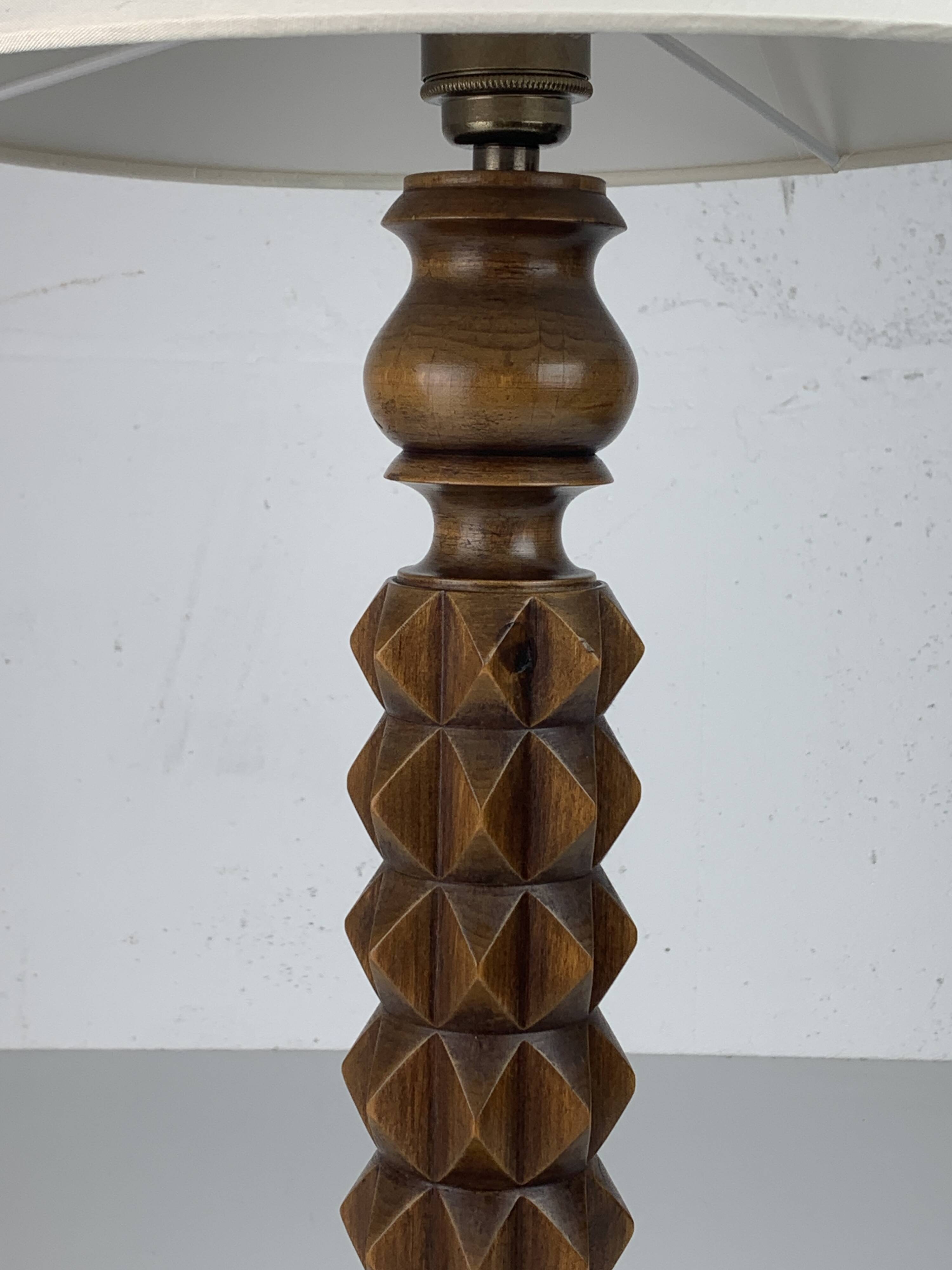 Brutalist wood turned table lamp in the style of Charles Dudouyt, 1940s