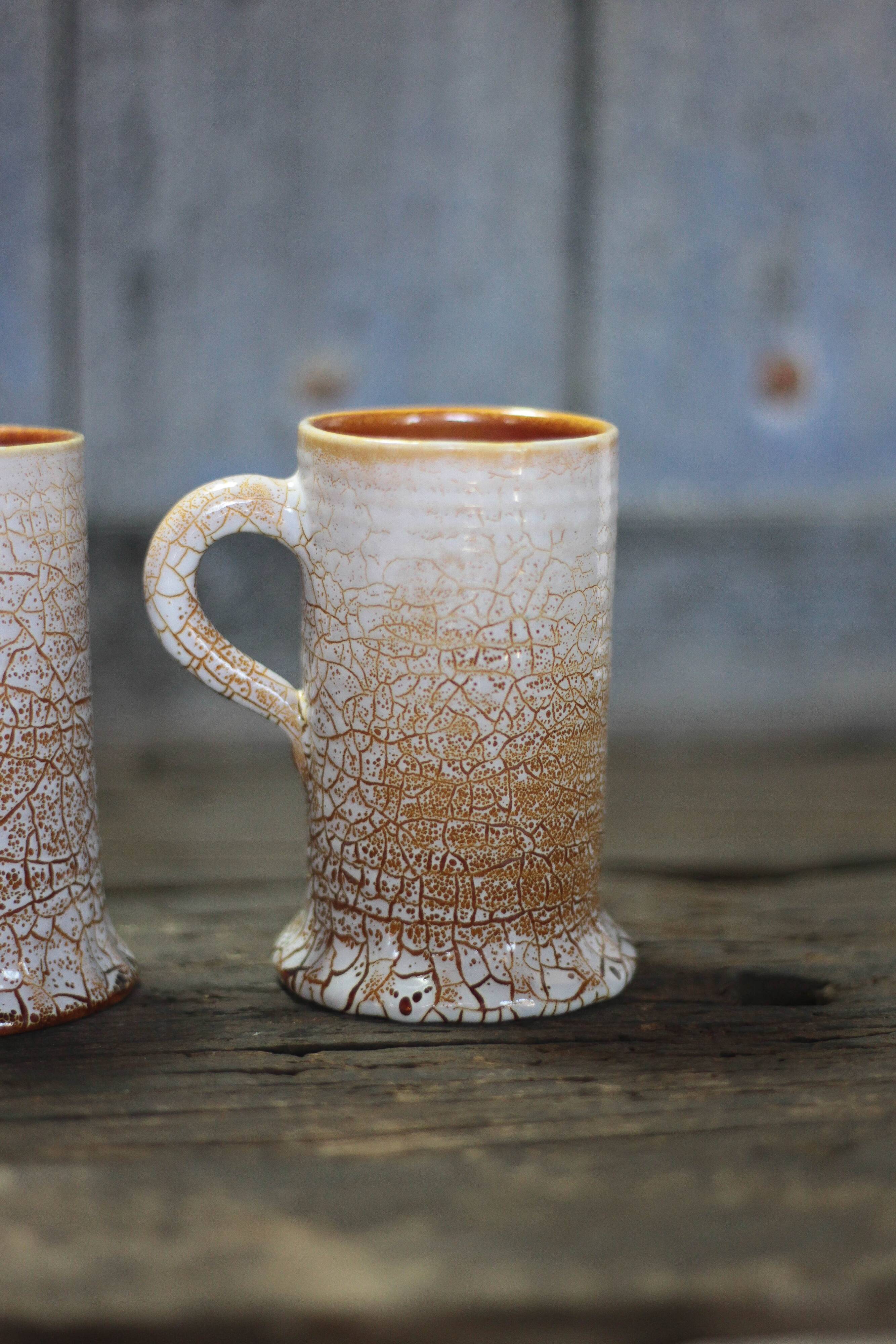 Ceramic service mug Accolay crackle effect X 4, signed tankard, art of the