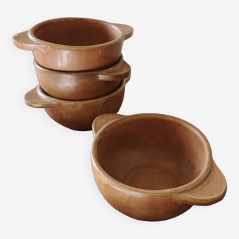 Four vintage bowls with earth-colored handles