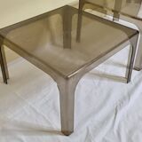 Pair of vintage smoked plexiglass coffee tables, minimalist design from the 1970s, 45 cm