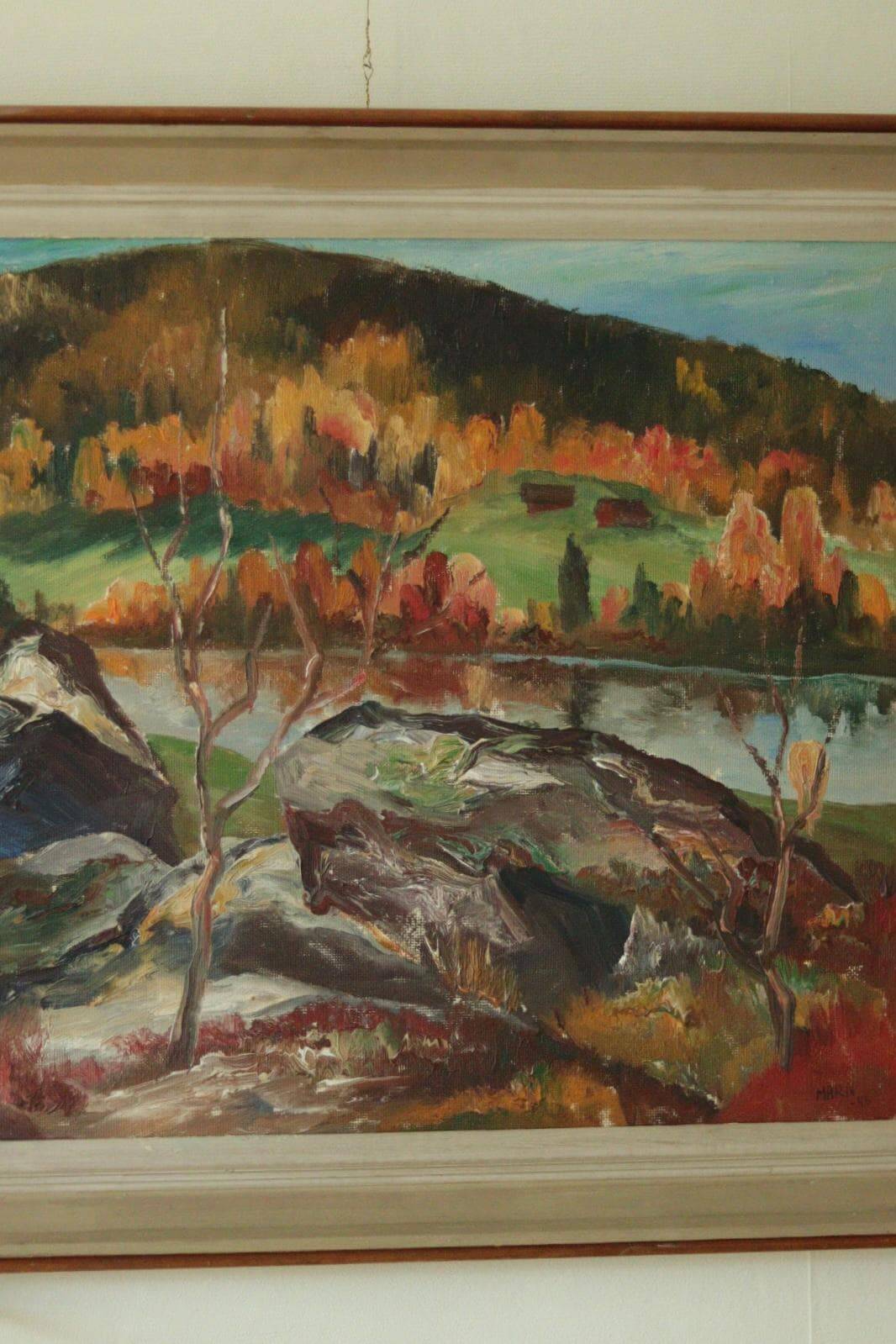 Original mid-century oil painting on Swedish canvas "Autumn Day Järvsö"
