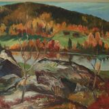 Original mid-century oil painting on Swedish canvas "Autumn Day Järvsö"