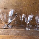 Ancien service pichet et 5 verres a pied en verre gravé art de table vintage