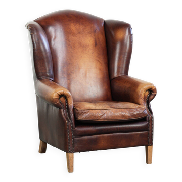 Fauteuil à oreilles en cuir de vache confortable dans le style anglais