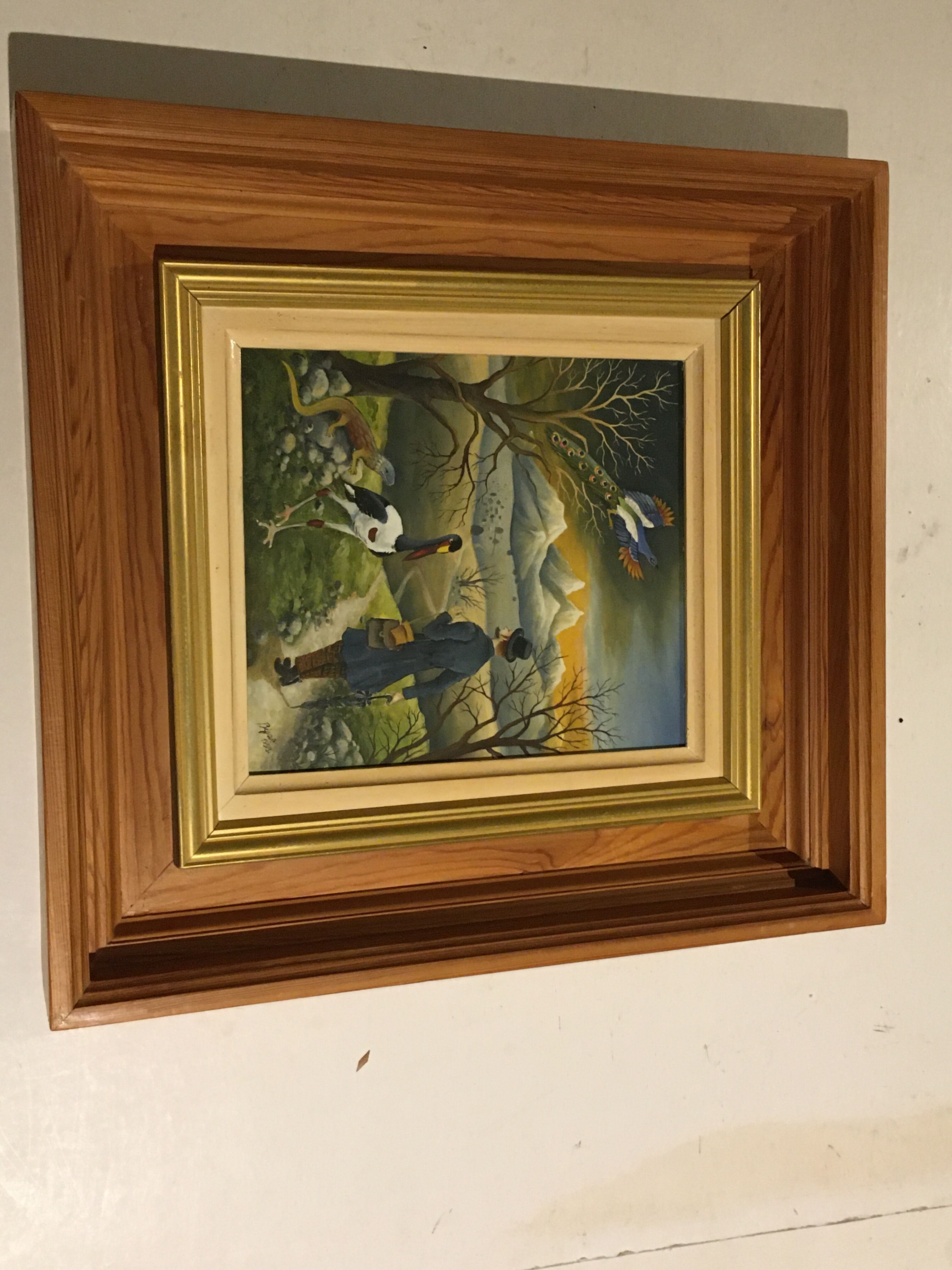 Painting of a character on his way to the mountains accompanied by exotic animals