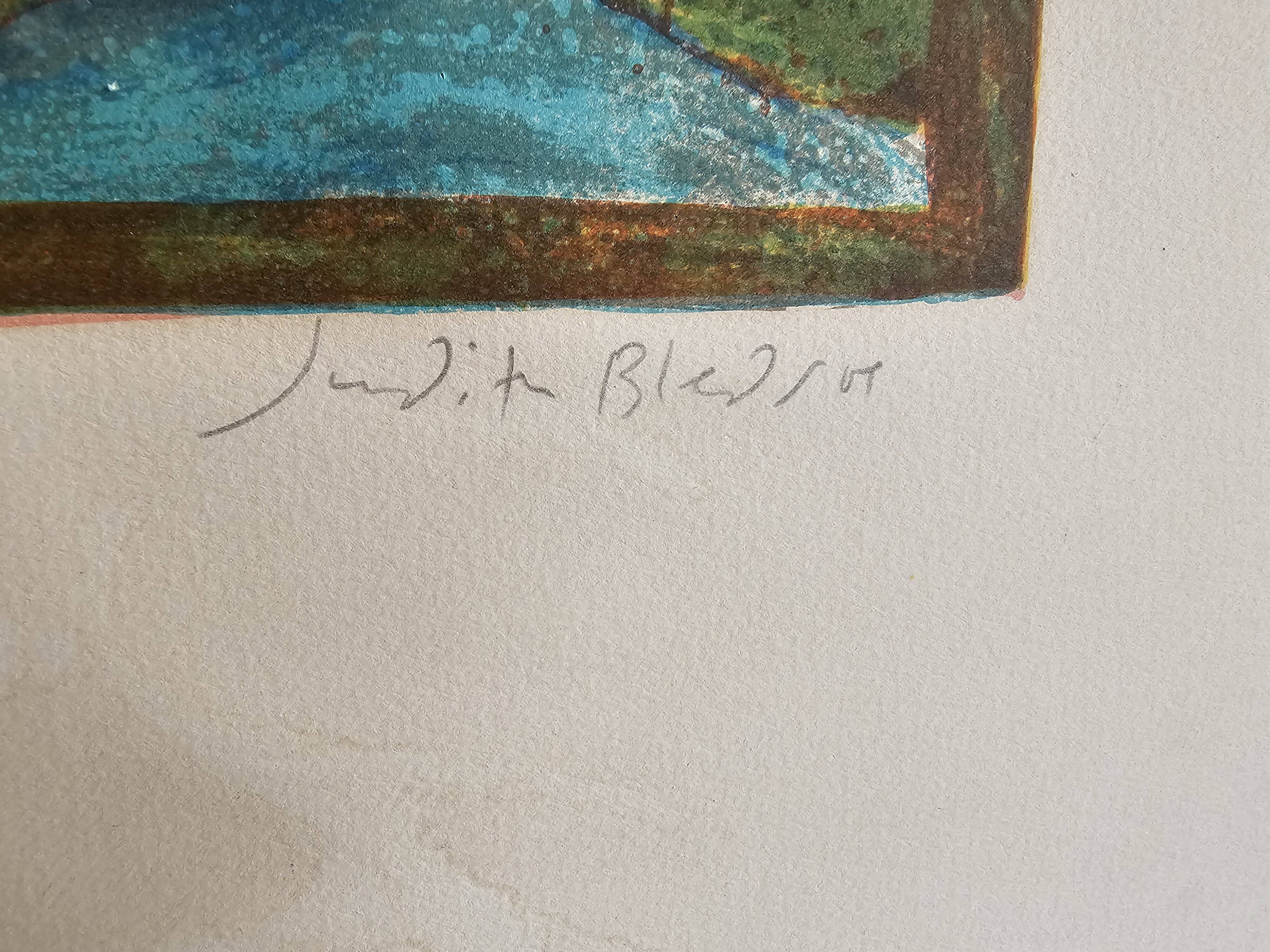Lithographic table stylised figurative composition sailing boat Judith Bledsoe