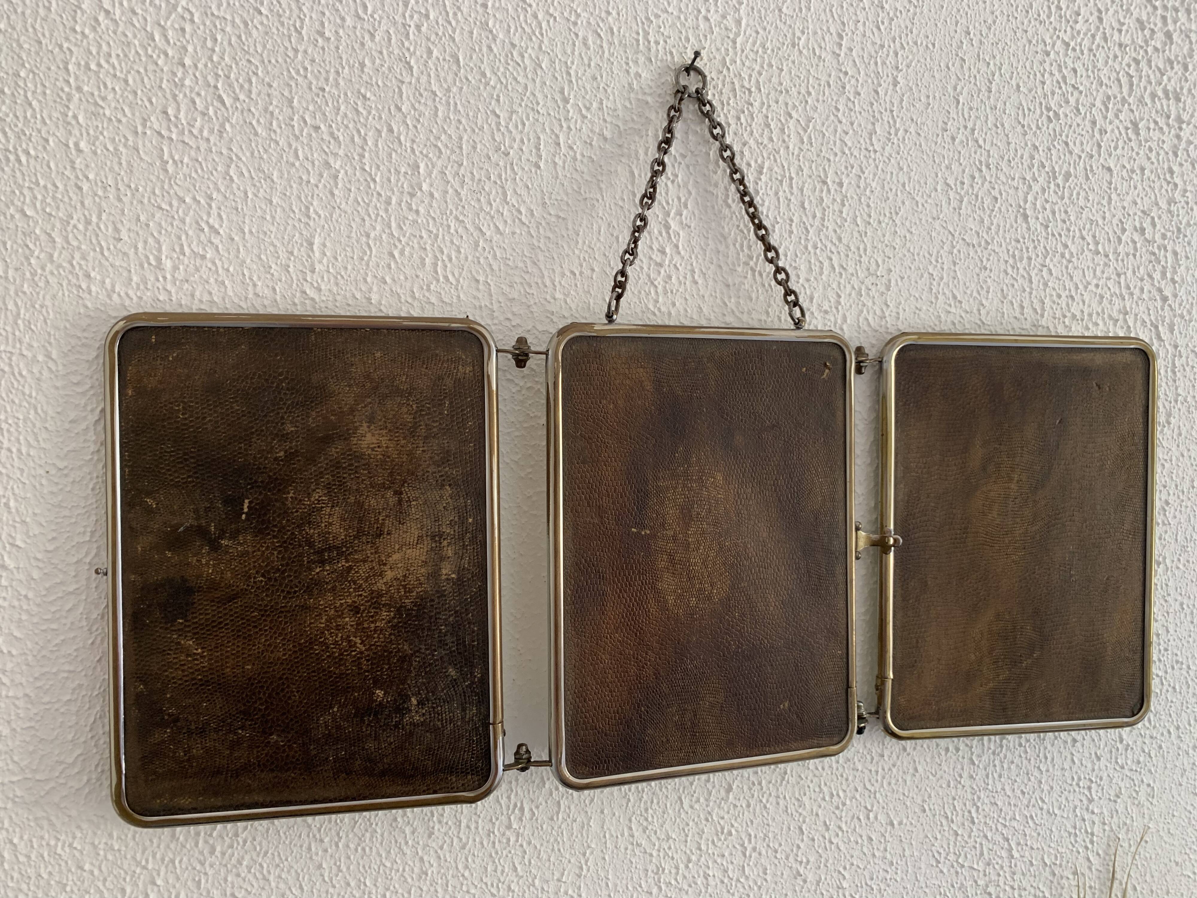 Miroir vintage 1930 triptyque de barbier lézard brun Art Déco - 26 x 61 cm