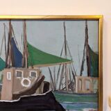 Mid-Century Modern Swedish "Green Sails" Vintage Seascape Oil Painting, Framed