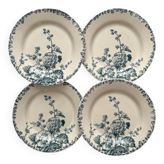 4 assiettes plates en terre de fer «Rose trémière» Gien