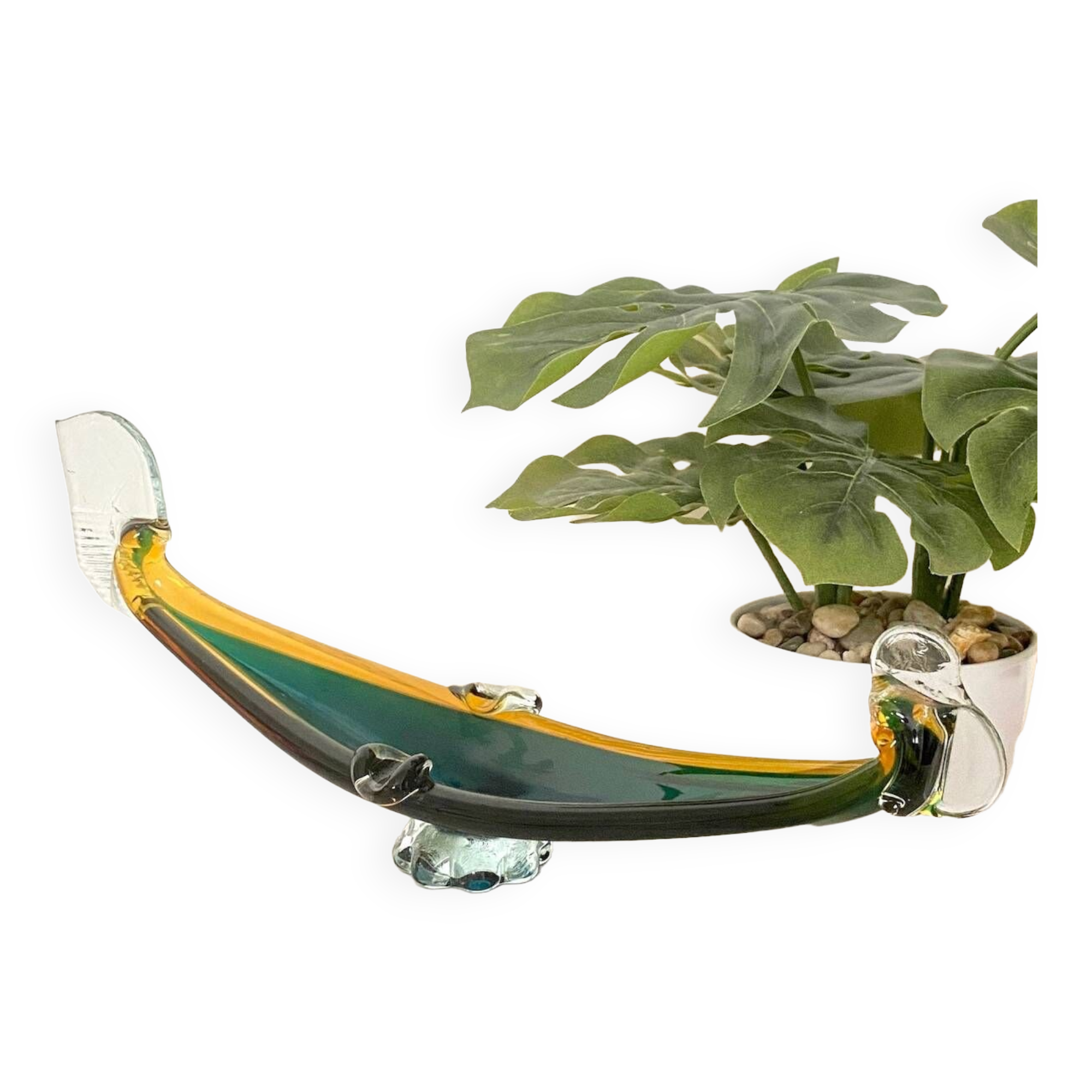 Dark green & amber Murano glass gondola- Sommerso