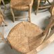 8 rustic oak chairs with patina, straw seating, 1950s.