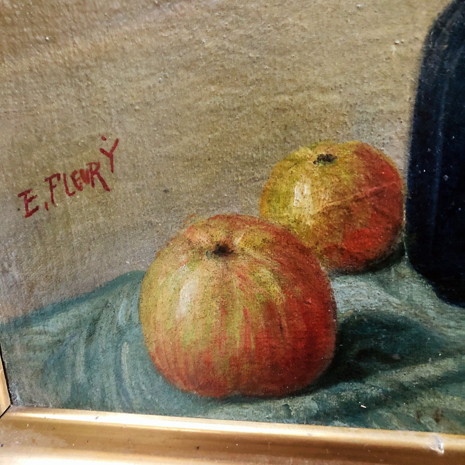 Tableau nature morte années 30 "fleurs et pommes"