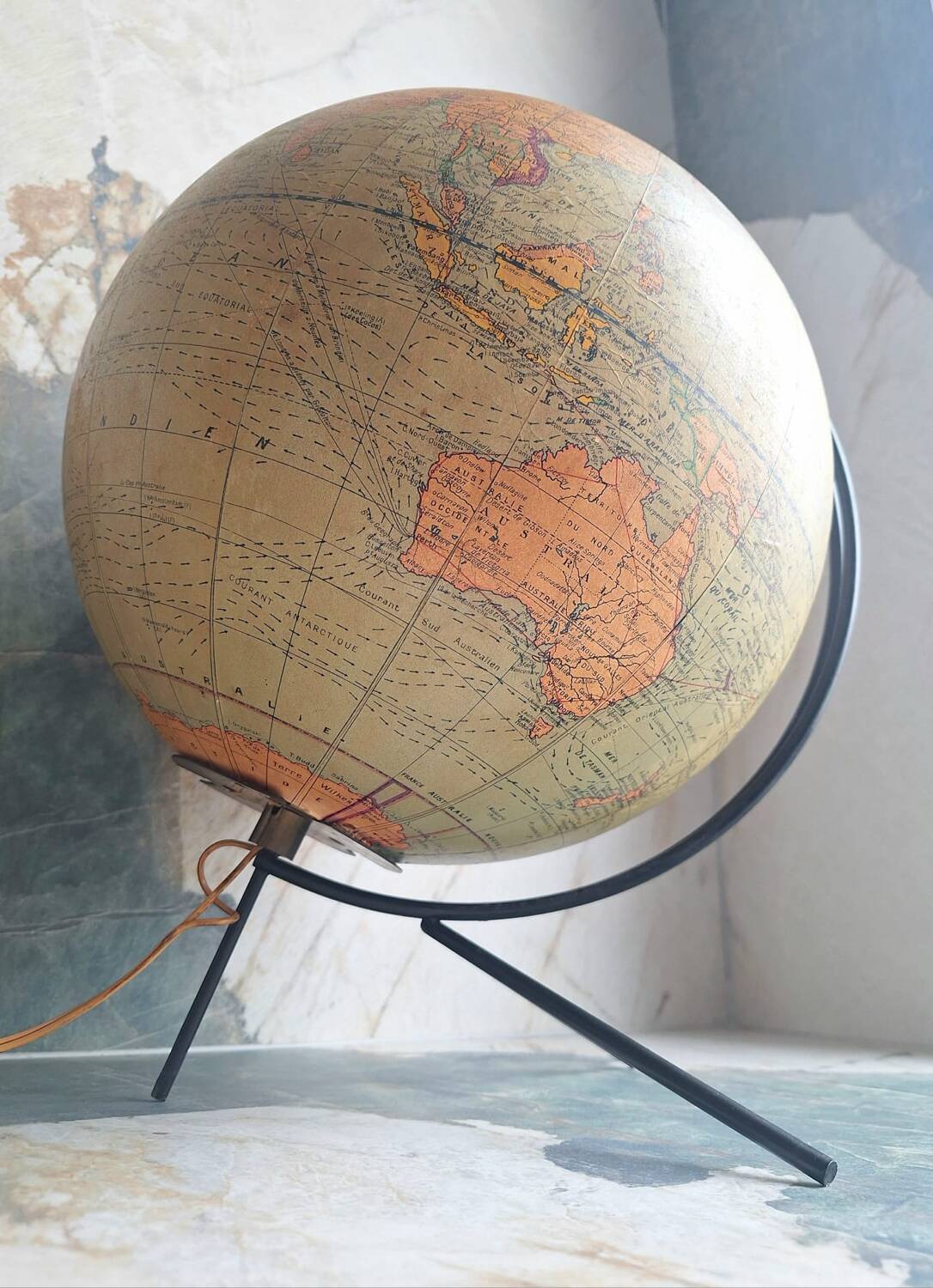 Vintage world map, old illuminated planisphere, terrestrial globe