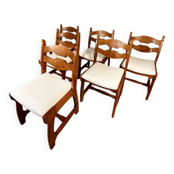 Set of 6 Belgian brutalist oak dining chairs, 1970s.