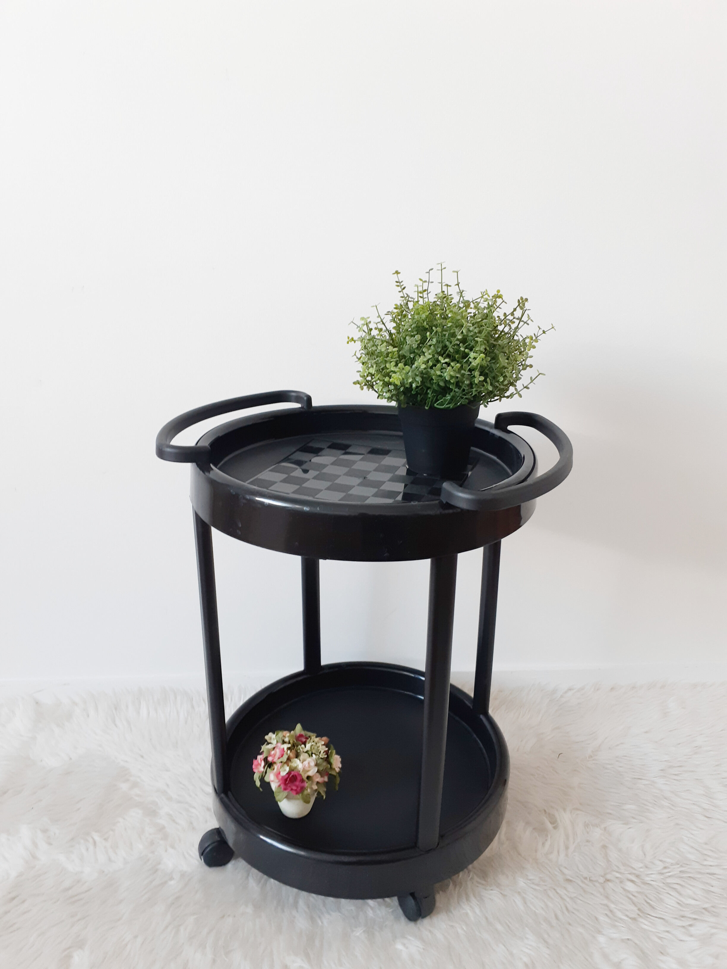 Vintage bar table, black plastic, round table, 70s, Simo, made in Italy
