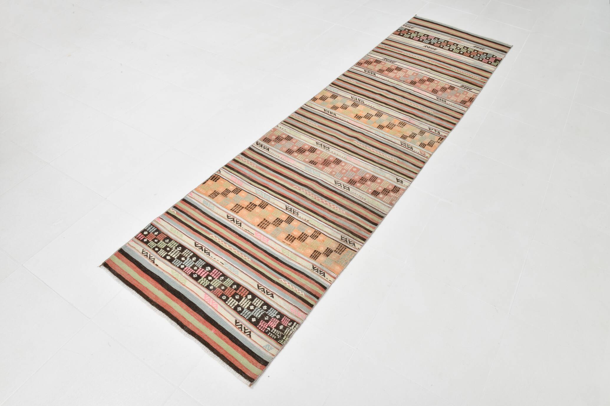 2x9 Green & Orange Striped Kilim Runner Rug, 74x276Cm