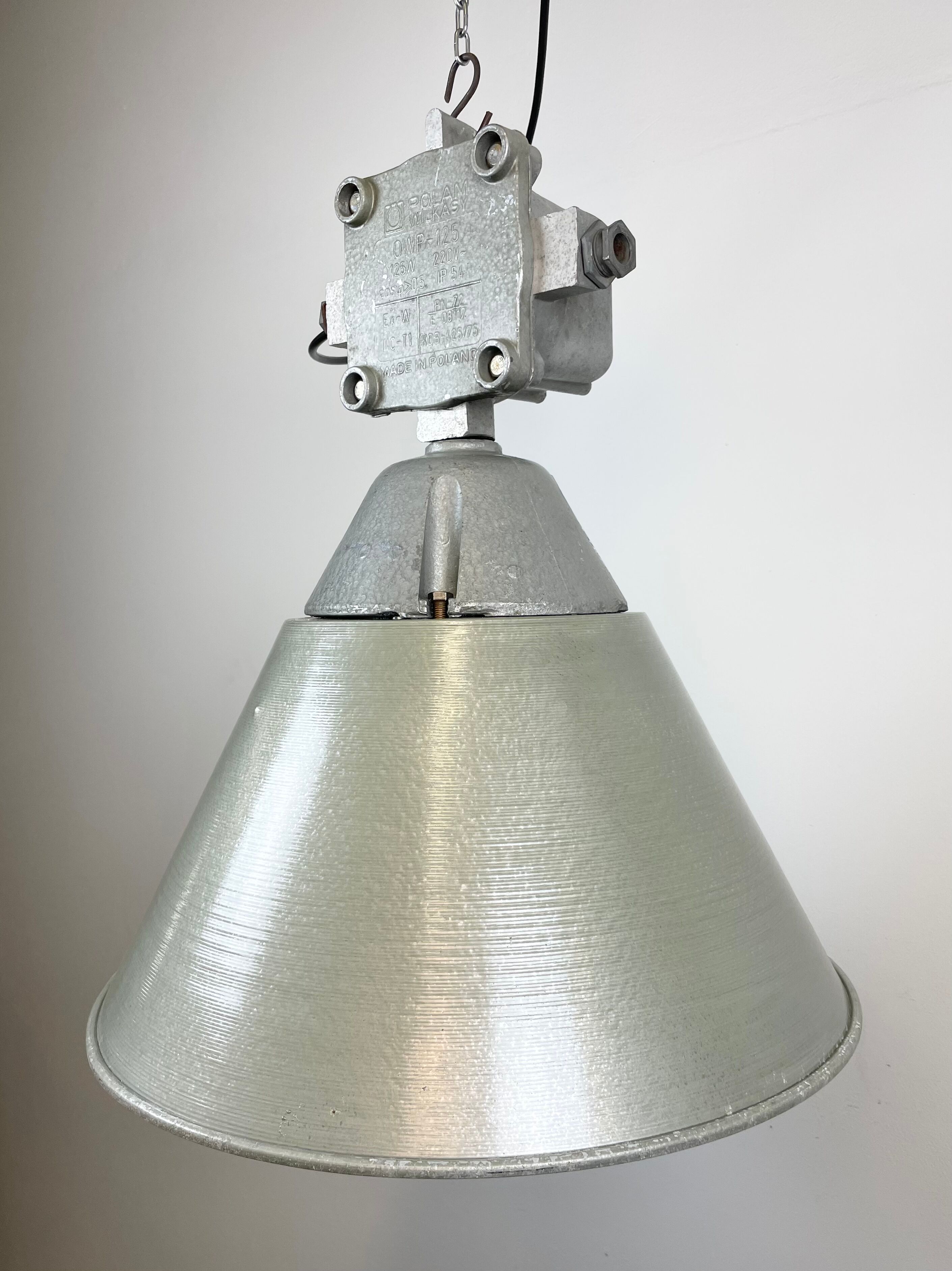 Industrial explosion proof lamp with aluminium shade from polam, 1970s