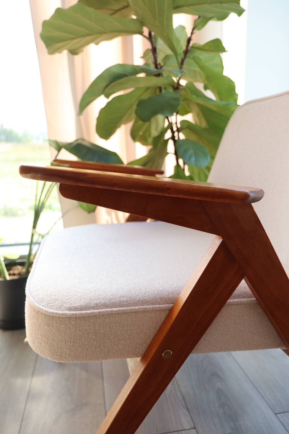 Vintage armchair white curly natural wood boho design by Chierowski 1970