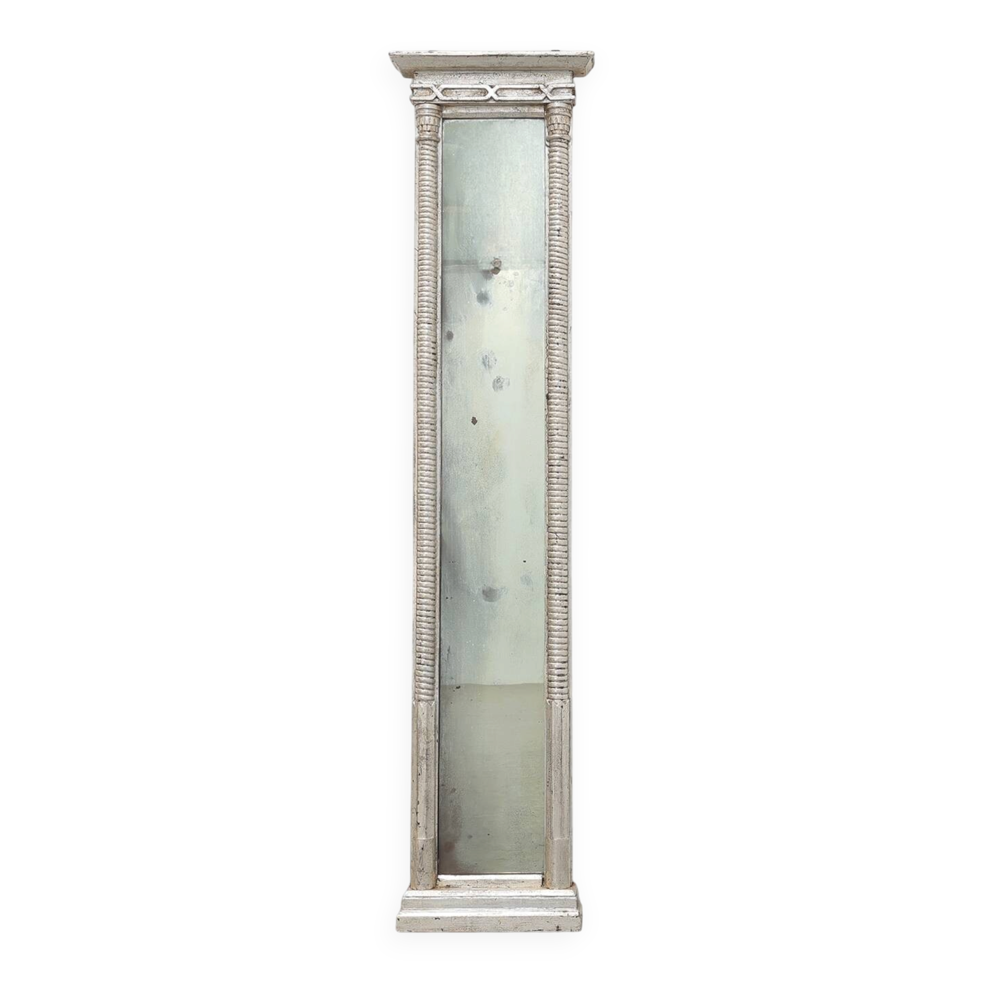 Neoclassical Silver Leaf Pier Mirror with Ringed Columns and Cornice, Italy