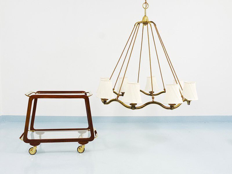 Large Viennese Modernism curved brass wave chandelier by Hugo Gorge, 1940s