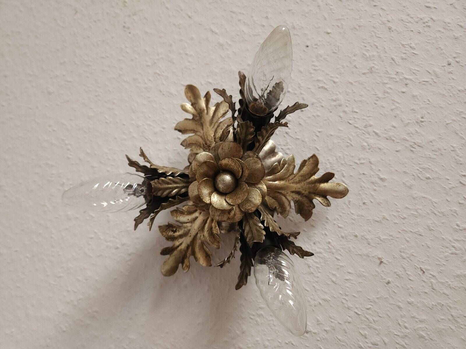Vintage Florentine floral hand-forged silver-plated 3-light flush mount from Banci Firenze, Italy, Florence 1960s, set of 5