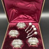 4 salerons, argent, Ravinet D'enfert, 4 pelles, intérieur verre blanc, écrin, intérieur pourpre, XIX