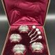 4 salt pots, silver, Ravinet D'enfert, 4 shovels, white glass interior, case, purple interior, 19th century