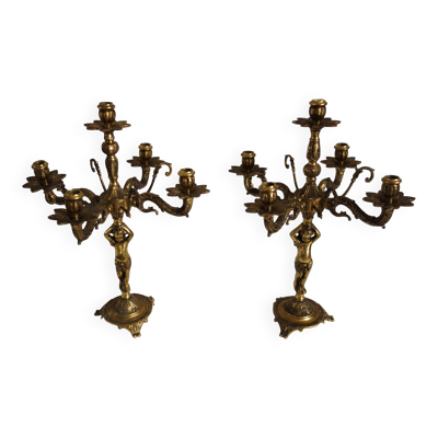 Paire de chandeliers chérubins en bronze doré début xxème