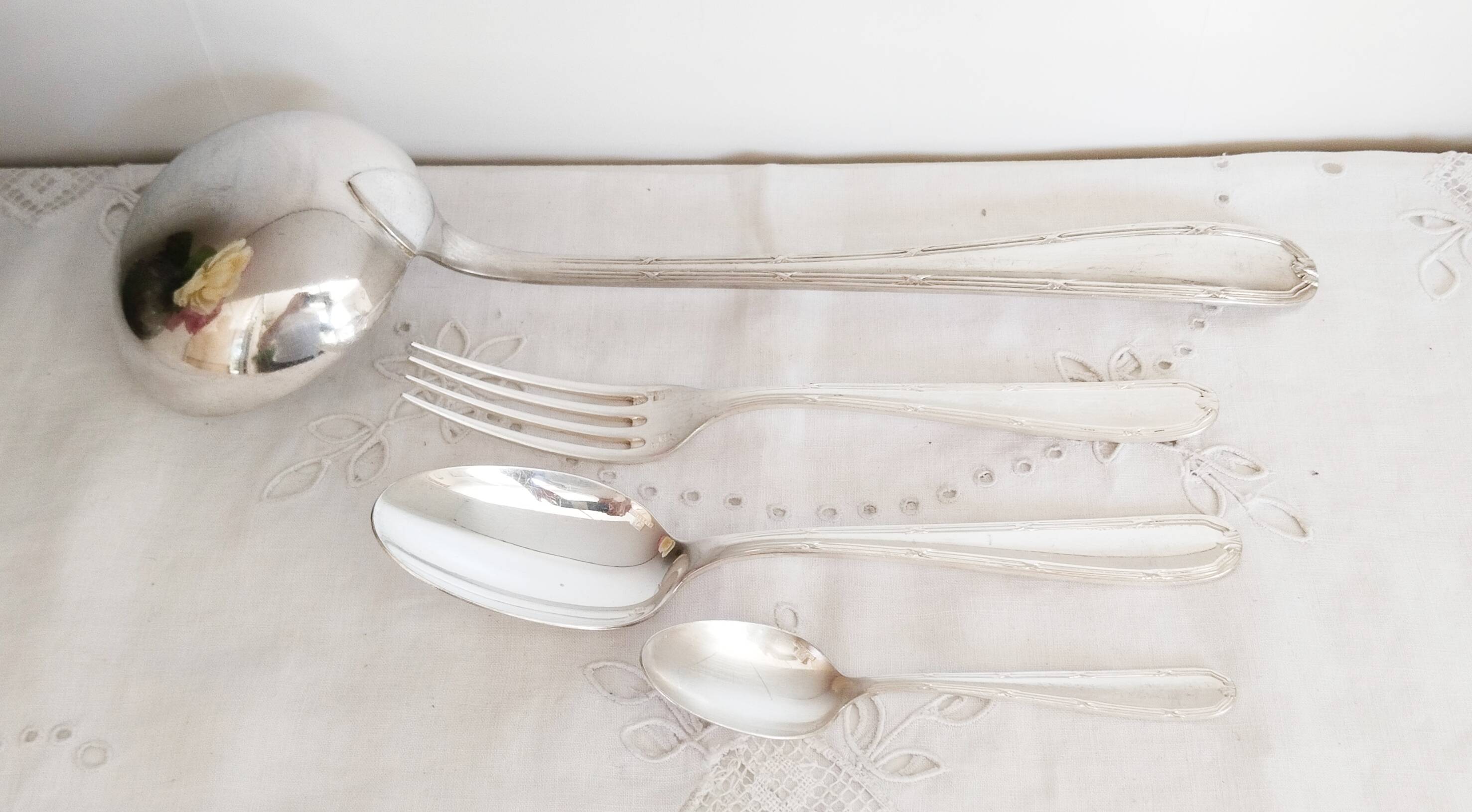 Silver cutlery set, Alfenide, ribbon decoration
