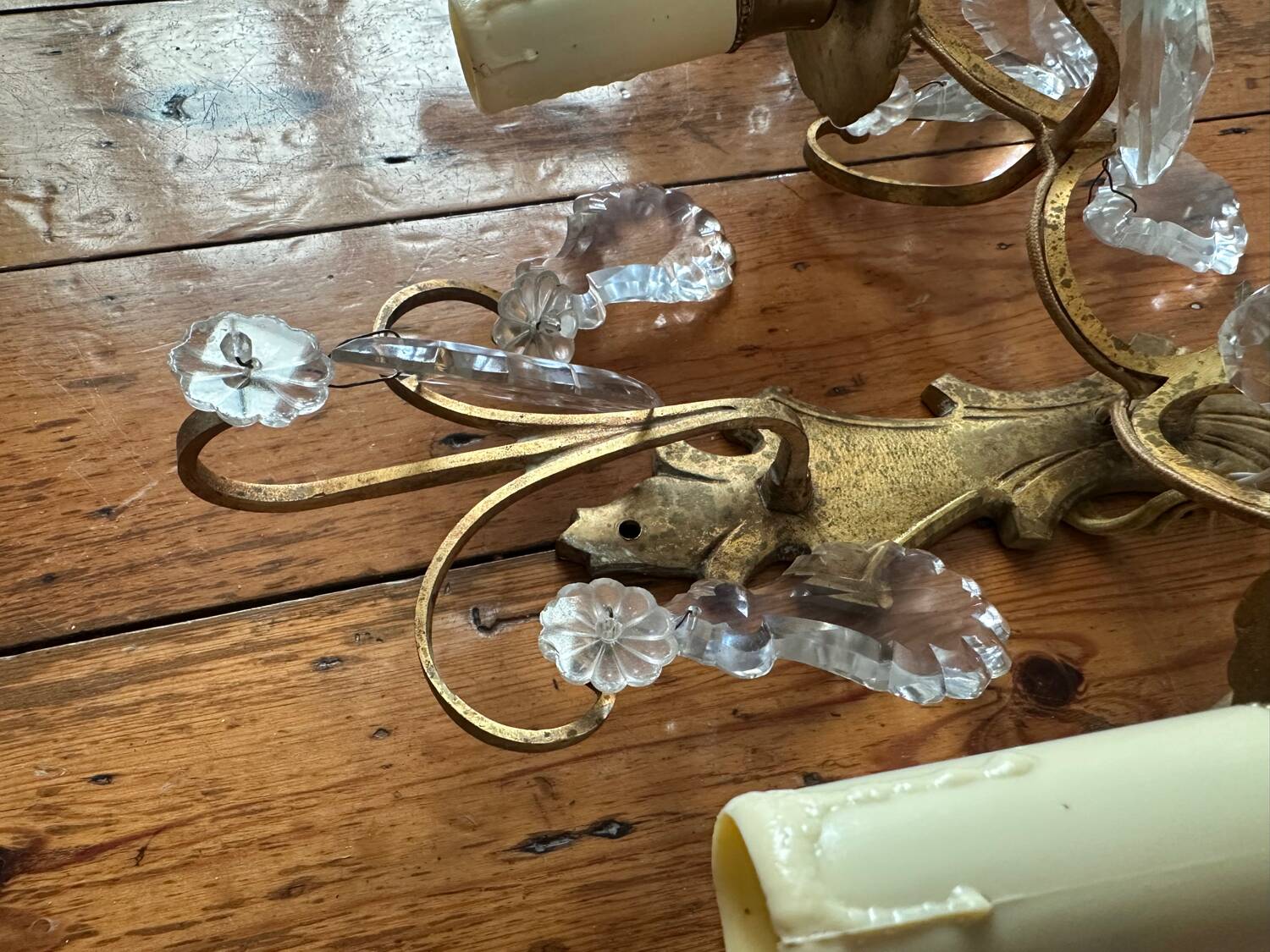 2 vintage bronze wall lights with pendants