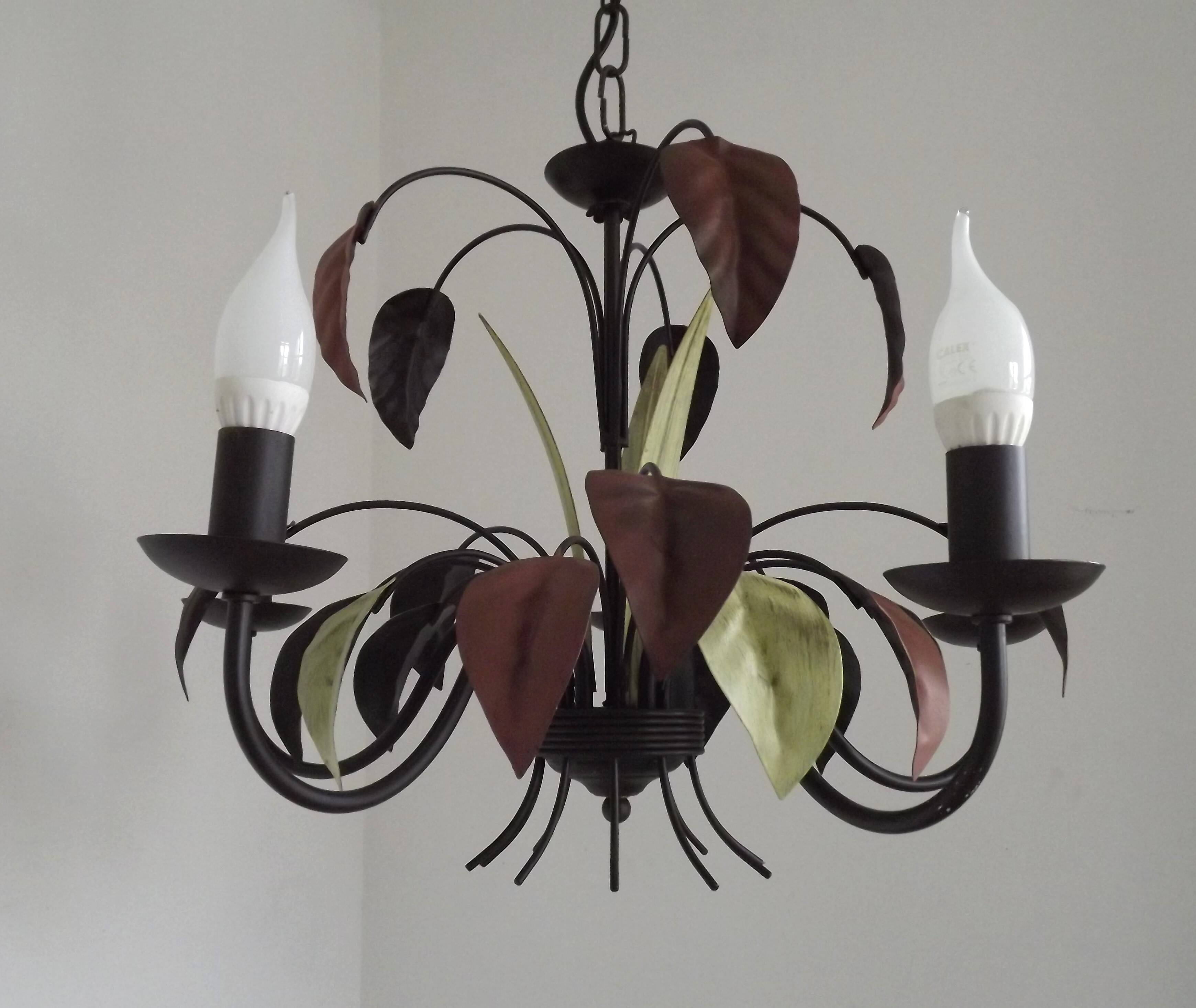 French Vintage 5 Light Brown & Green Tied Boquet Leaf Chandelier