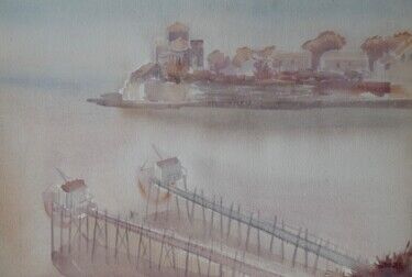 Watercolor Talmont, the fishing huts and the church