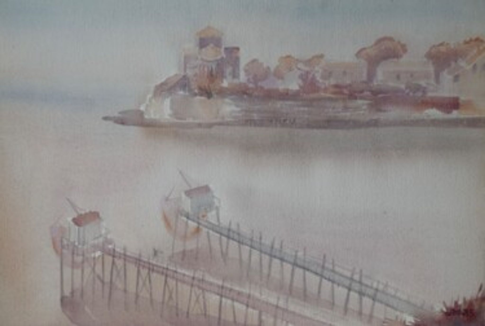 Aquarelle Talmont, les carrelets et l'église