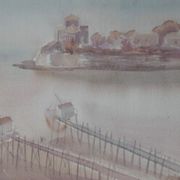 Aquarelle Talmont, les carrelets et l'église