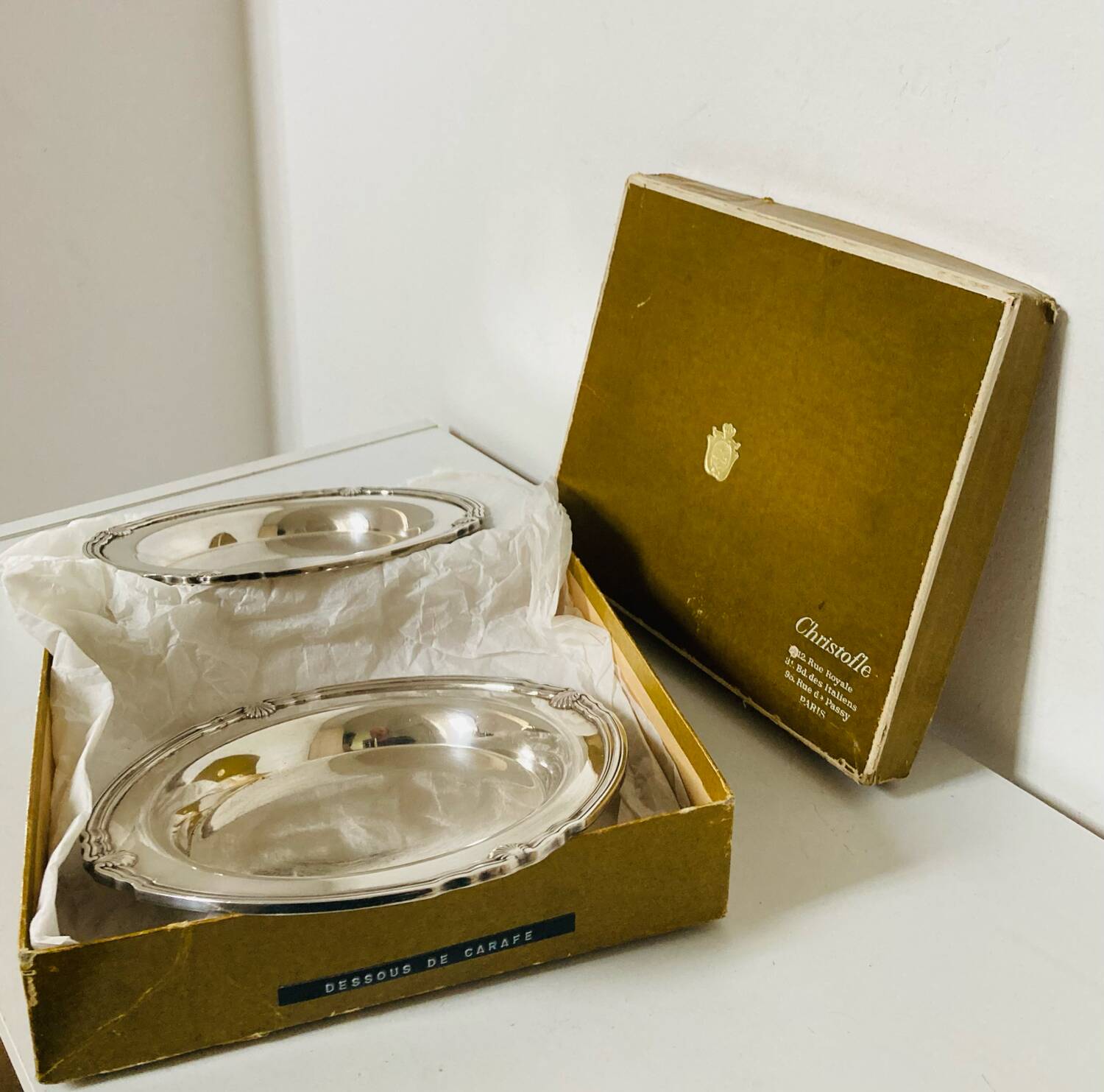 Christofle / galia trays in hallmarked silver metal in their case