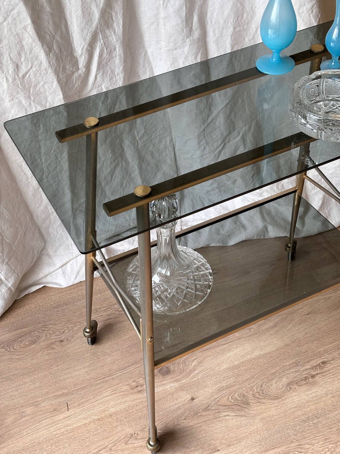 Vintage 1970 trolley in smoked glass and matte brass