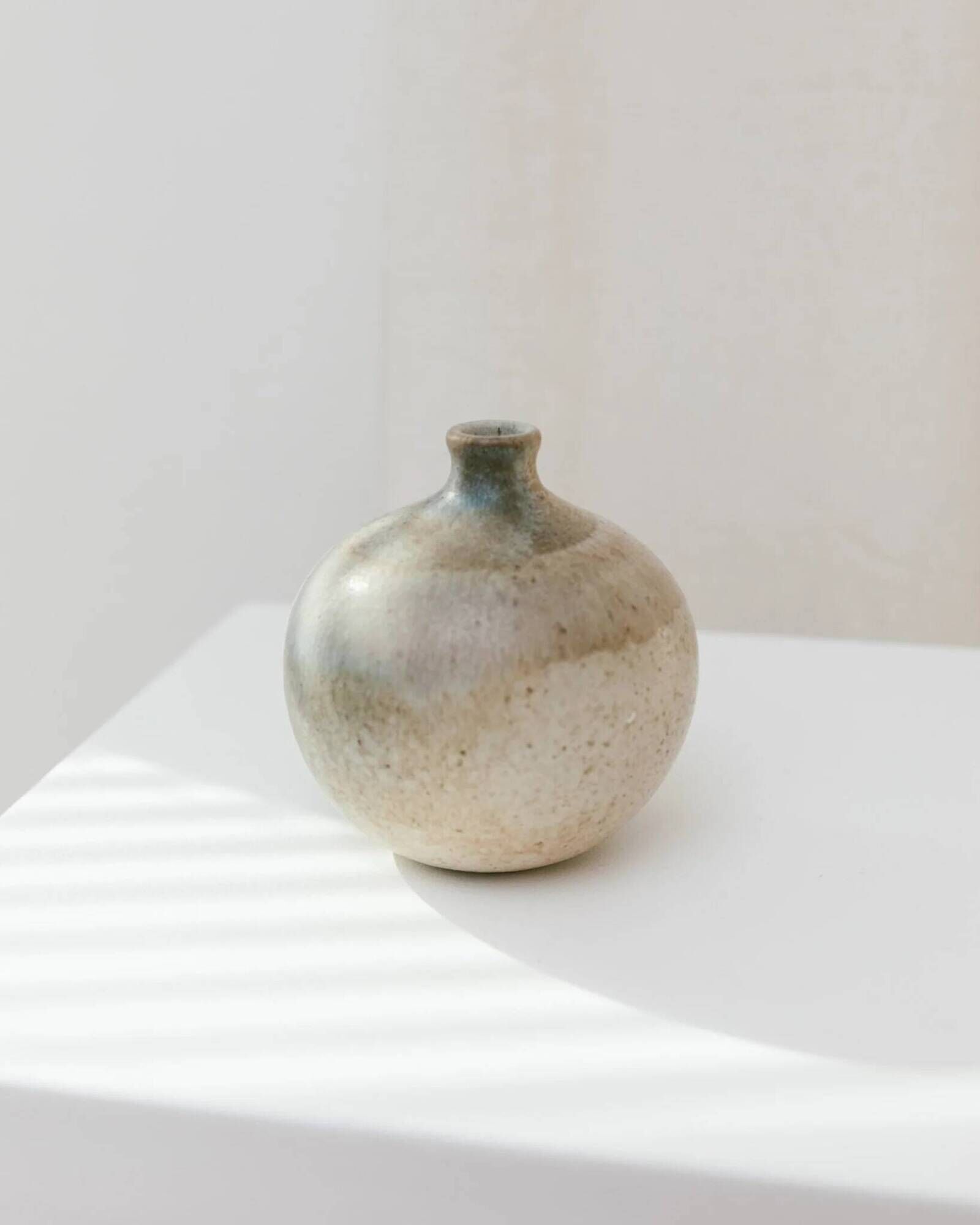Beige Bernd Röter Studio Ceramic Vase by Clemenswerth Germany, Vintage Mid-Century with Green-Blue Glaze