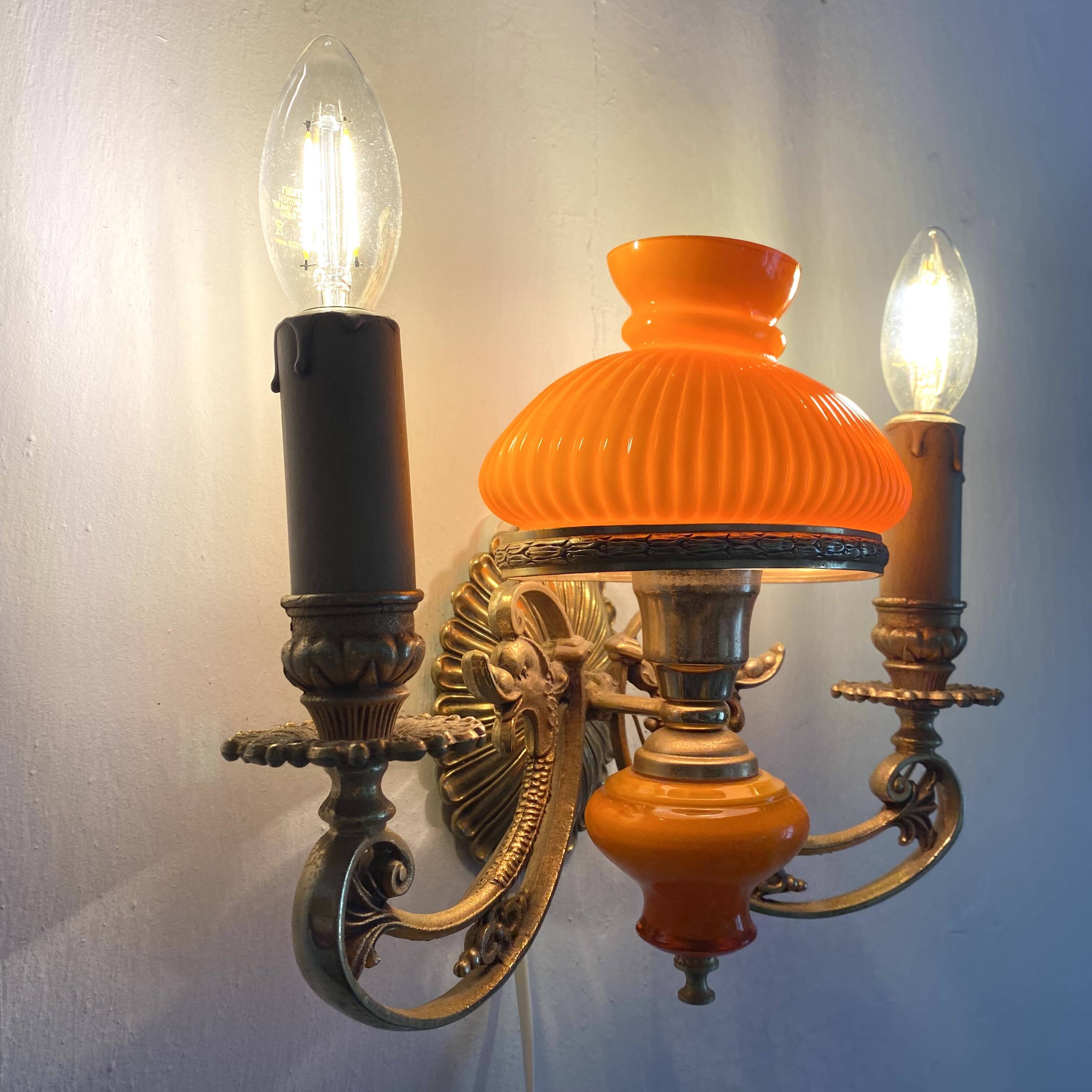 Double wall light in brass and orange opaline, 1960s.