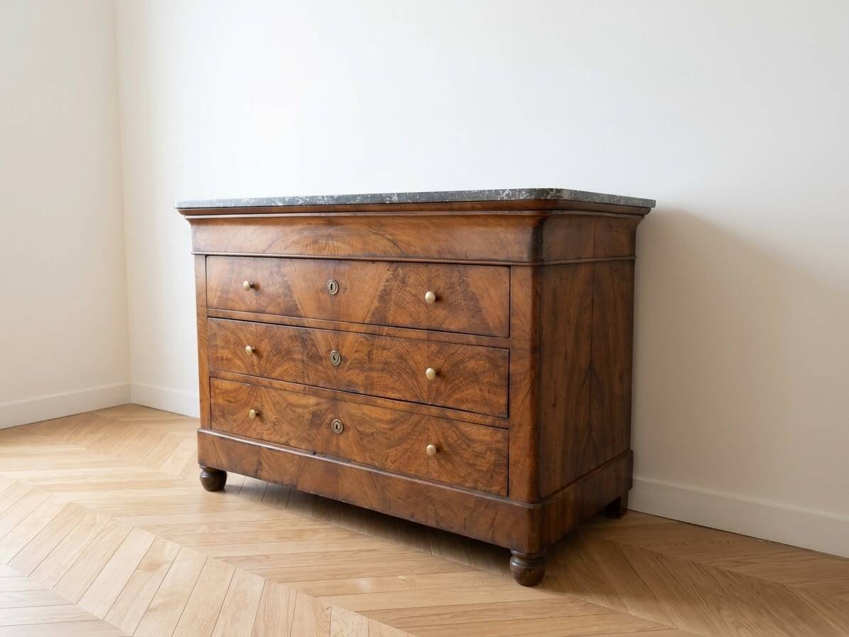 Antique walnut commode with a grey marble top.