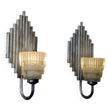 Pair of Ferro Art Iron and Glass Wall Sconces Art Deco Style 1970s