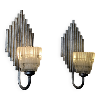 Pair of Ferro Art Iron and Glass Wall Sconces Art Deco Style 1970s
