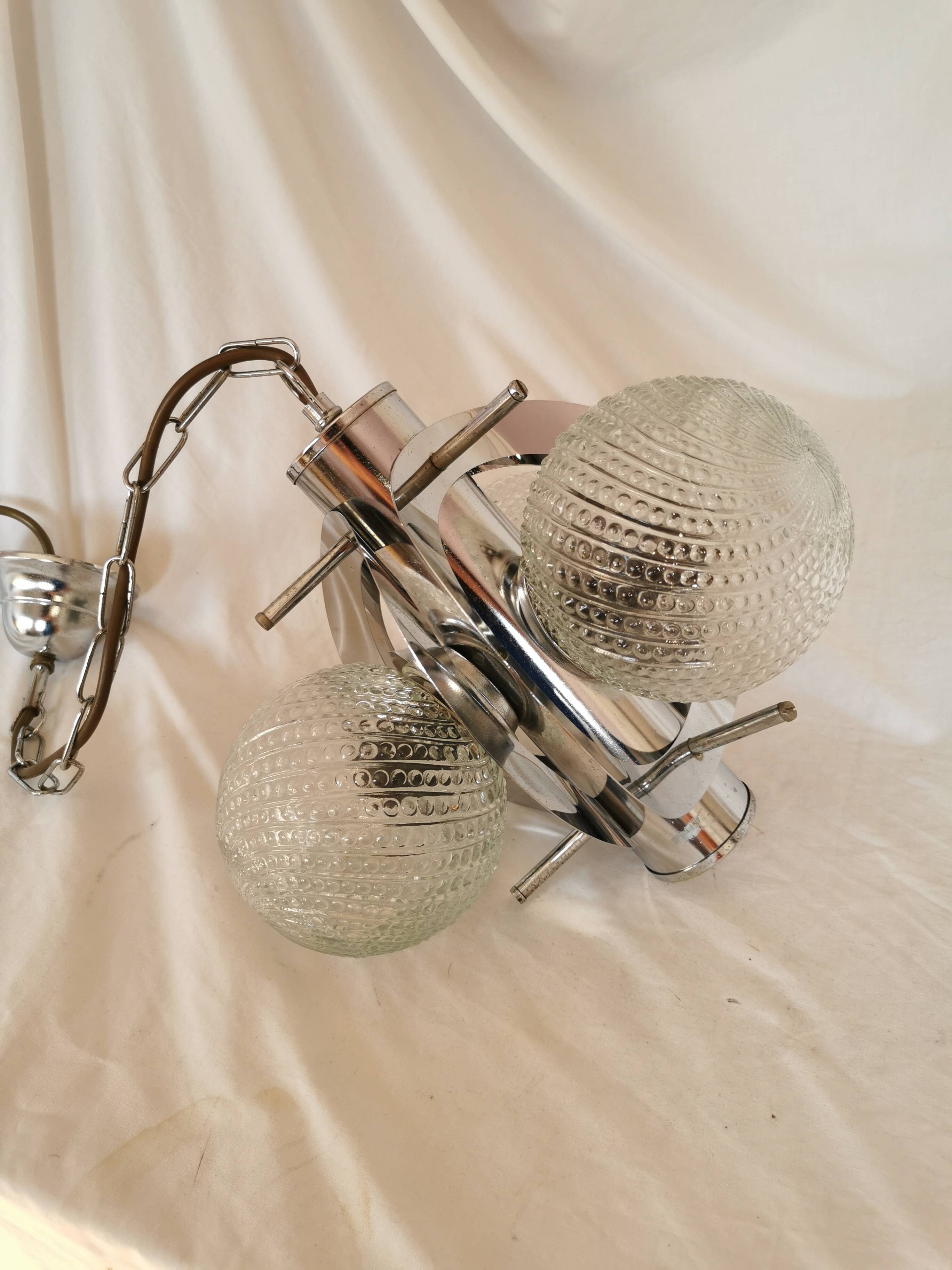 Space age chandelier with 3 lights, stainless steel and cut glass, Mazzega style, 1970