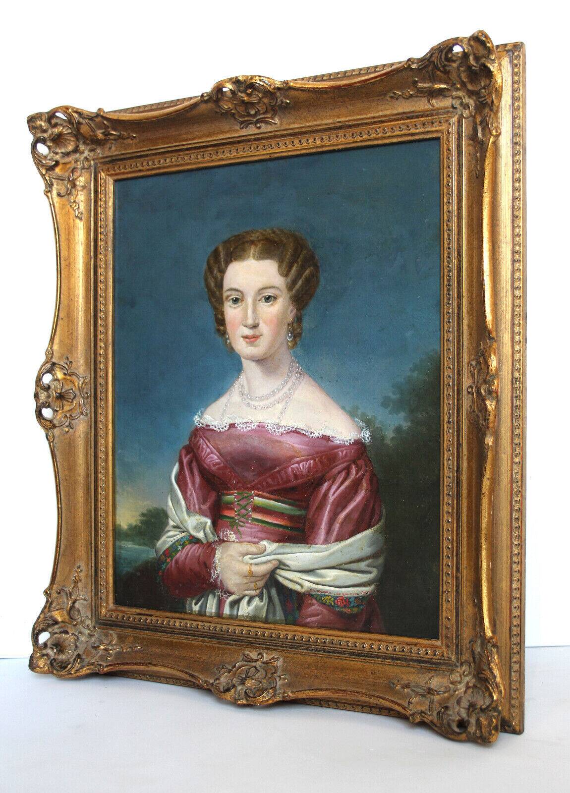 Elegant 19th-Century Portrait of a Lady – Oil on Canvas, Gilded Frame