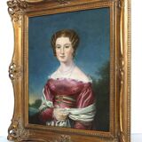 Élégant portrait de dame du XIXe siècle – Huile sur toile, cadre doré